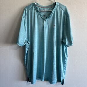 Tommy Bahama Shirt Mens 2XL Blue Wave Crest Henley Performance Stretch Athletic